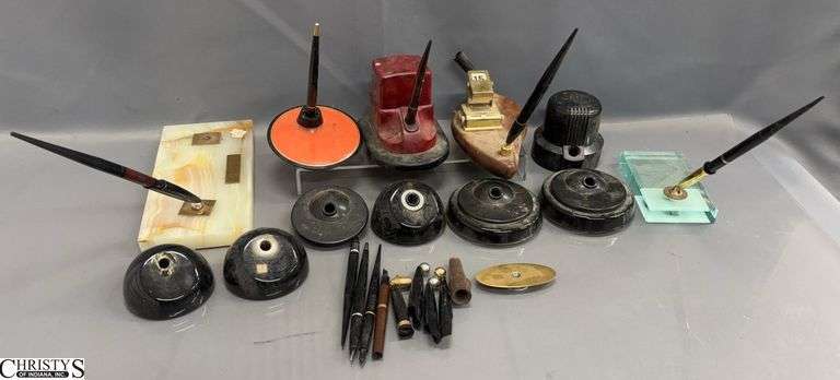 Vintage Desk Pen Holders, Inkwells, Fountain Pens - 9.5" x 4.5" of largest piece image