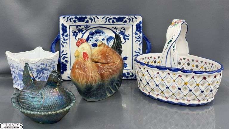 Opalescent Blue Glass Lidded Chicken, Blue & White Decorative Ceramics, Lidded Ceramic Chicken Jar - 10" x 8" of basket image