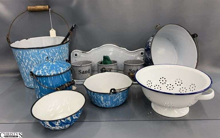Enamelware Pots, Pail, Colander, Ladle, Laundry Container - 16" x 6.5" of largest, image
