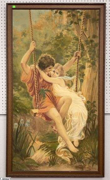 "Le Printemps" Oil on Canvas Painting After Pierre Auguste Cot - Abraham and Straus New York Label to Verso32" x 55" of frame - some minor wear to frame, canvas, and backing paper. image