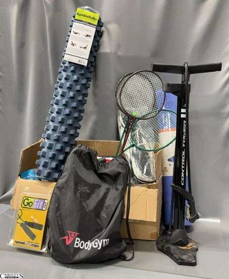Bike Pump, Exercise Mat and Roller, Medicine Balls,  Badminton Racquets, Net image