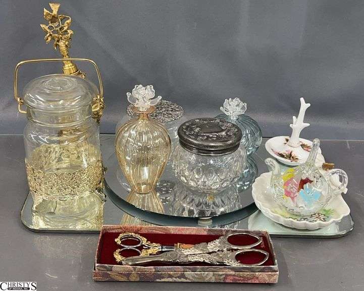 Assorted Vanity Perfume and Powder Jars, Ring Holders, Vanity Mirrors, Ornate Scissors - 16" x 10" of largest image