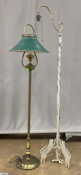 Cat Motif Cast Metal Floor Lamp and Brass Tone Floor Lamp - 63" of tallest, some wear - cord cut on cat lamp image