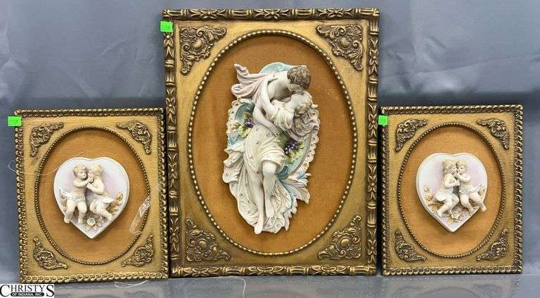 3 Ornate Framed Porcelain Plaques - 15" x 19" of largest image