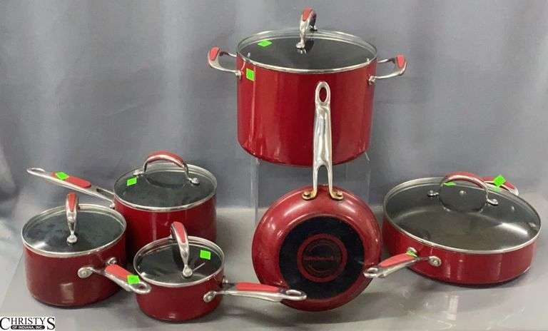 6pcs Red KitchenAid Used Non Stick Cooking Pots and Pans, Largest Stock Pot 9.5x7" Tall With Lids image