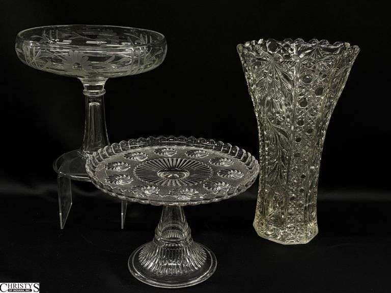 Pressed & Etched Glass Tazza Compotes, Press Glass Vase - 3pcs - 12" of tallest image