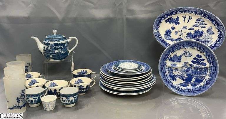 Blue & White Assorted Dishes - Plates, Teapot, Cups, Glasses - 13" of largest piece image