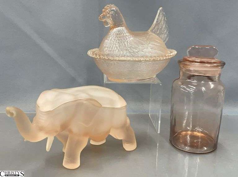 Pink Glass Satin Lidded Elephant, Hen On Nest, and Glass Jar Tallest 7" image