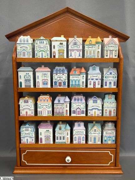 1989 Lenox Spice Village Set w/ Wooden Wall Shelf - 24 Spice Houses - 17" x 22" x 4" of shelf image