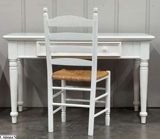 White Cottage Style Single Drawer Desk and Chair - 50" x 26" x 30" - edge wear and scuffing image