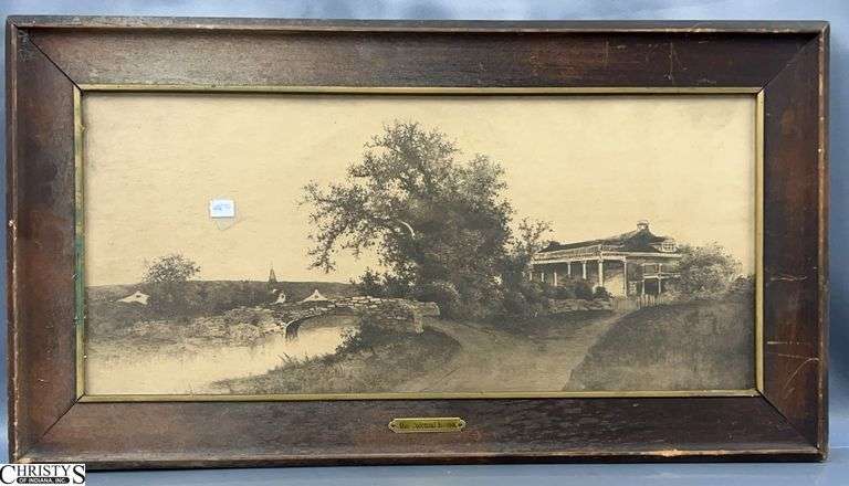 "Old Colonial Home" Framed Print After Ernest C. Rost - 26" x 14" - shows wear to frame and toning to image image