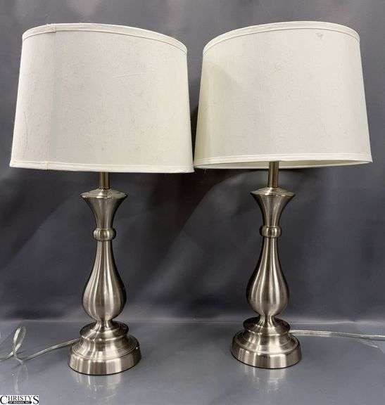 Pair Brushed Metal Table Lamps - 28" T of each image