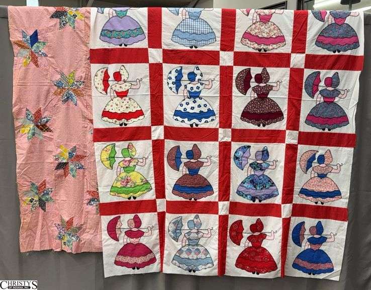Star and Sunbonnet Sue Handmade Quilt Tops - 94" x 68" of largest - some staining image