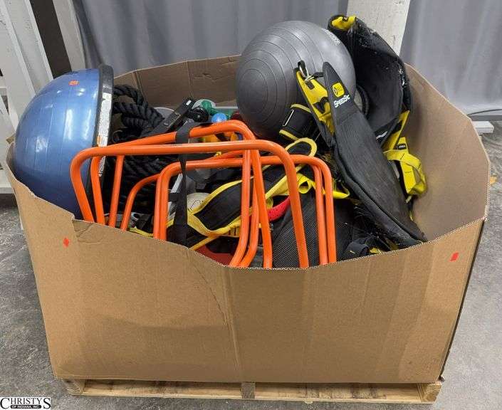 Training Equipment in Small Gaylord Box, Bosu, Battle Ropes, Agility Cones, Hand Weights, Lifting Belts, Bands, 2lb Medicine Ball image