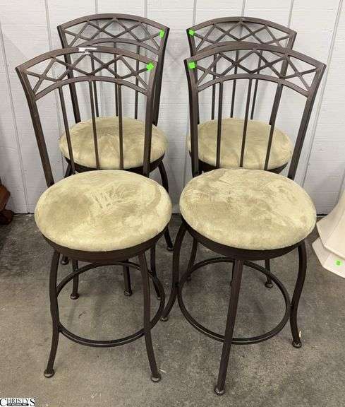 4 Metal Stools with Olive Color Seats Needs Some Cleaning 24" Seat Height image