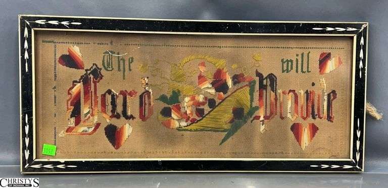 "The Lord Will Provide" Framed Antique Paper Punch Embroidery - 22" x 10" image