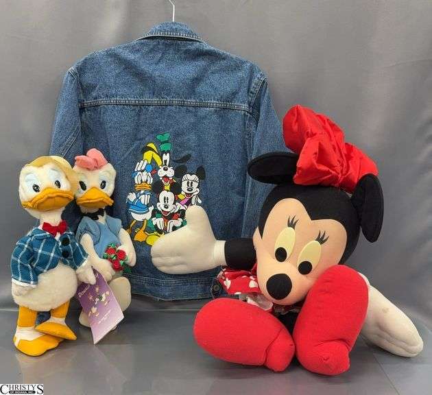 Disney Jean Jacket (Size M), Plush Minnie Mouse, Donald and Daisy Duck - Some wear - 24" approx of largest image