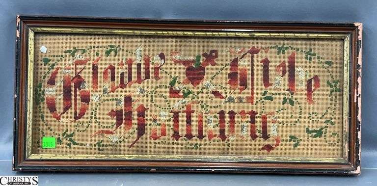 Antique German Paper Punch Framed Embroidery - 22" x 9.5" - some wear to frame, loose glass image