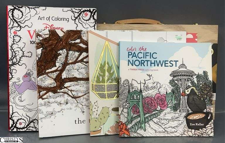 4 Adult Coloring Books and 24 pc Spiral Art Set image