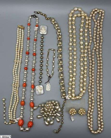 Costume Jewelry Mostly Pearls, Accent Coral, Shell, Gold, Napier and Sweater Clips image