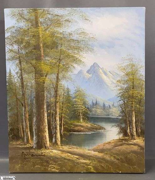 Painting On Canvas Landscape with Mountain, Signed Antonio 24x20" image