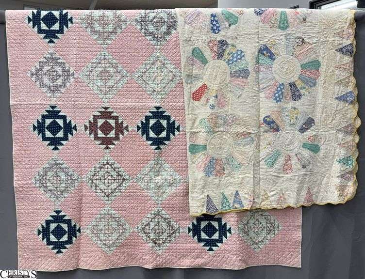 2 Handmade Quilts - Dresden Plate and Other - 78" x 78" of largest - some wear image