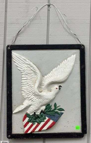 Painted Cast Iron Eagle & Flag Shield Motif Plaque - 14" x 16" - one corner is chipping image
