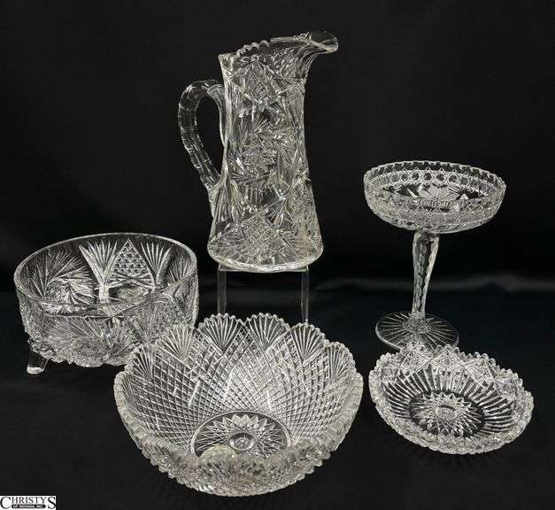 5 pcs ABP Cut Glass - Bowls, Pitcher, Tazza Compote - 10" of pitcher - pitcher is damaged, some chipping throughout image