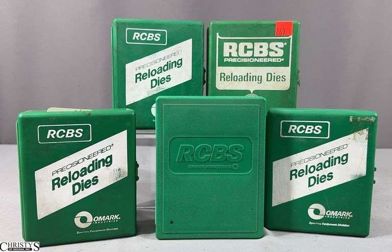 2 RCBS 3-Die Sets in Green Plastic Box (.44-40 and .357 Auto Mag.) and 2 RCBS 2-Die Sets in Green Plastic Box (22 Hornet and .32 Win Spec.) and a Single RCBS Sizer in a Green Plastic Box 44 Spec. image
