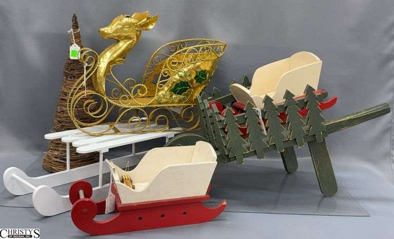 Christmas Decor Sleds, Metal Reindeer Sleigh, Small Tree - 24" of largest image