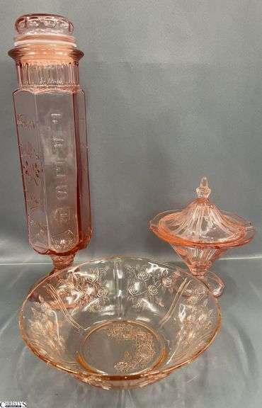 3pcs Pink Depression Glass - Candy Jar, Lidded Dish, Bowl  - 18" of tallest image