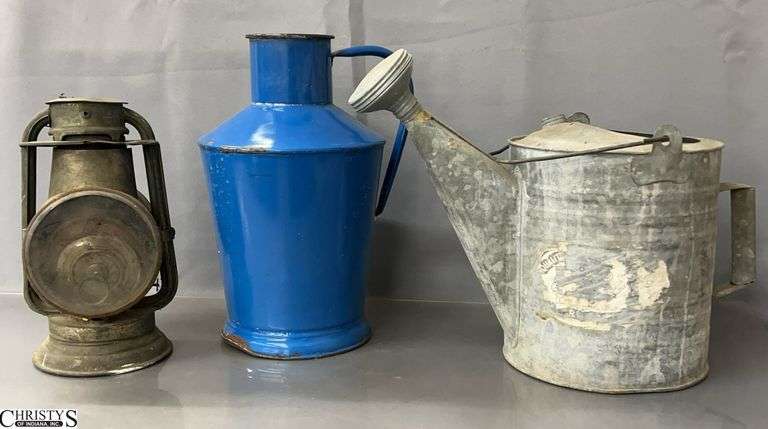 Lantern, Blue Graniteware Jug, Galvanized Watering Can - 14" of jug image