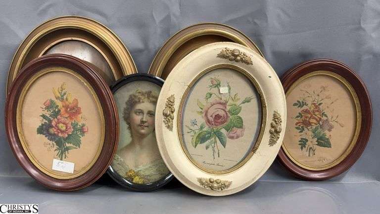 6 Oval Framed Botanical and Portrait Prints - 12" x 16" of largest image