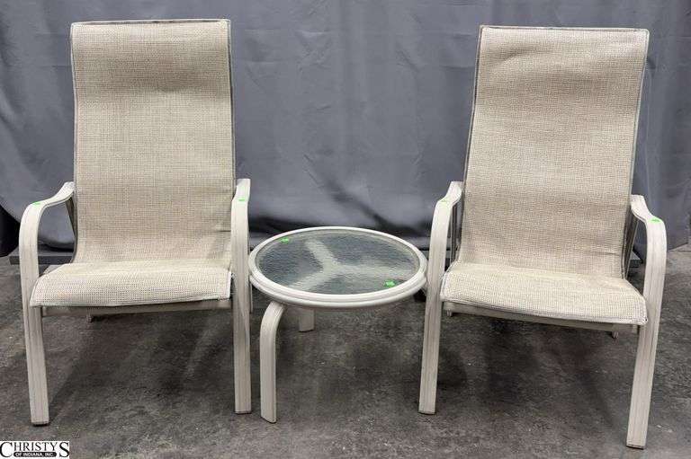Patio Chairs and Glass Top Side Table - 24" x 41" - 17" seat - some wear/damage to fabric image
