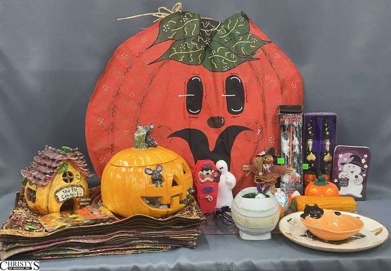 Assorted Fall and Halloween Decor - Placemats, Candles, Jack O Lantern, Misc - 26" x 23" of largest image