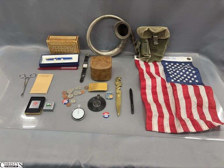 U S Army Bag, Sunrise Horn Piece, Lighters, Mens Watch, Waterman Pen, Small American Flag, Misc - 9" of horn image