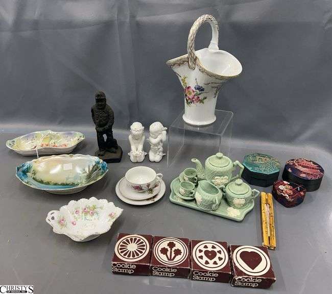 Porcelain Basket and Dishes, Vienna Glass Cookie Stamps, Figurines, Mini Tea Set, Misc - 9" of tallest image