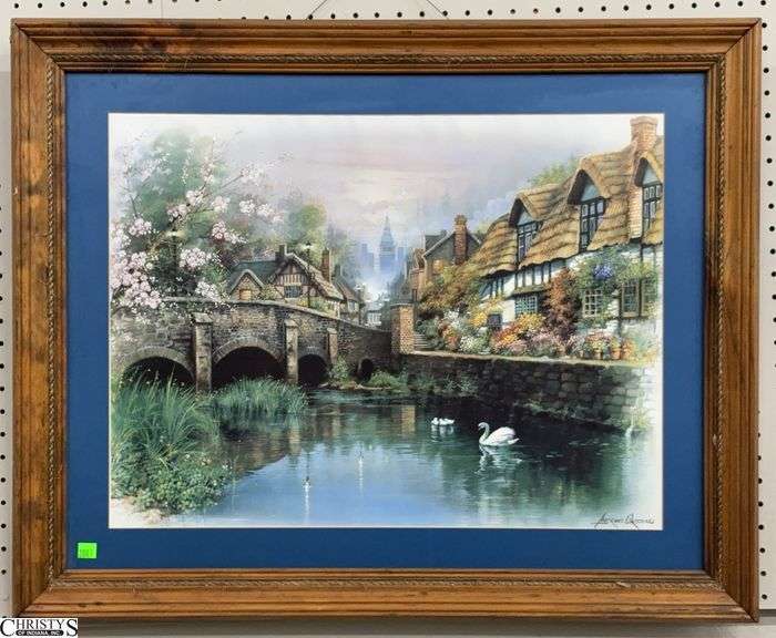 Framed Cottage Stream Scene Print after Andres Ordinas - 32" x 26" of frame image
