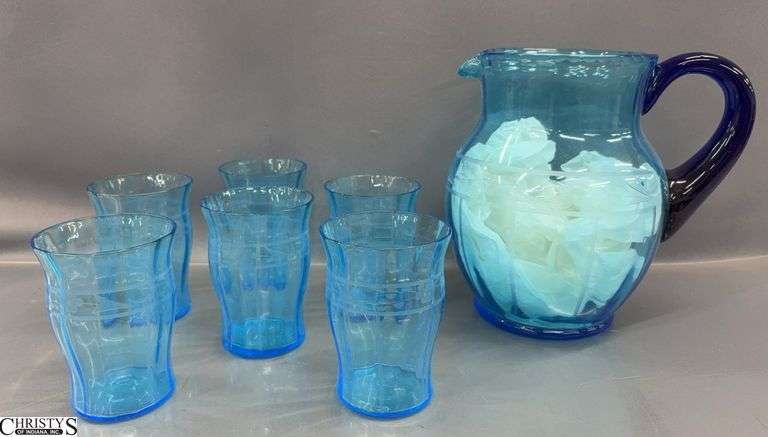 Etched Floral Blue Glass Pitcher and 6 Floral Glasses - 8" of pitcher image