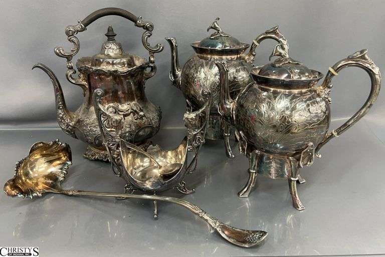 Silverplate Coffee and Tea Service Pieces, Ladle, Sugar Base - Webster and Miller - 10" of tallest image