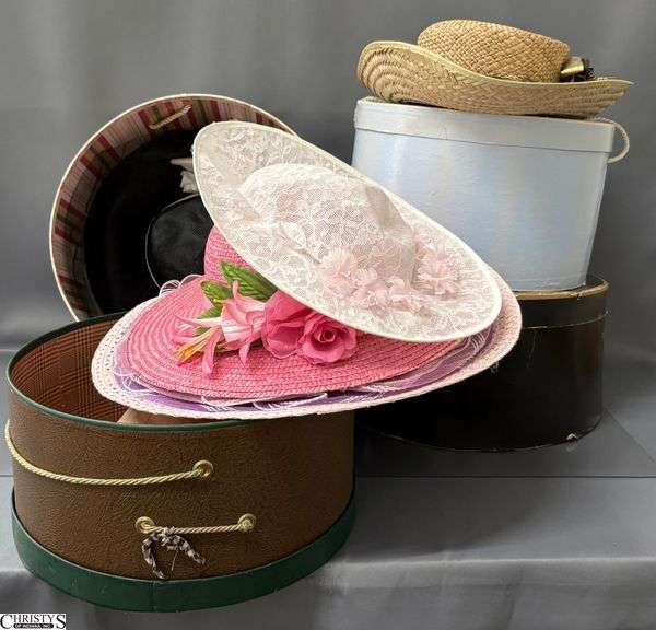 Vintage Ladies Hats and Assorted Hat Boxes - Some wear to boxes - 13" x 7" of largest box image
