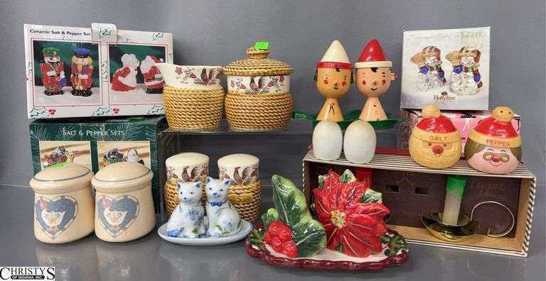 Vintage Christmas Salt and Peppers, Cats, Roosters, Poinsettia Set, Barbie In Boxes, and Snowmen image