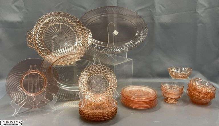 Assorted Pink Depression Glass Pieces - Approx 24 - 14" of largest image