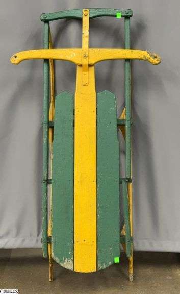 John Deere Colors Wooden Sled - 43" L- some wear. broken piece image