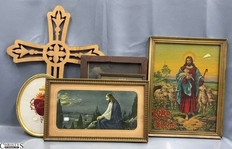6 Framed Religious and Iconography Prints, Embroidery, and Wooden Cross - 13.5" x 17.5" of largest frame - some wear image