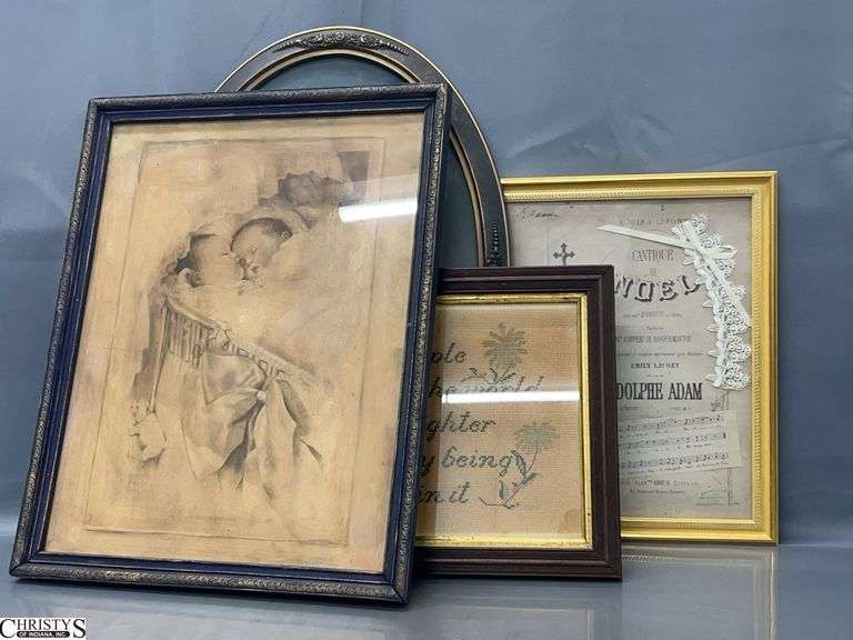 Antique Paper Punch Embroidery, French Sheet Music, Baby Portrait and Print - 15.5" x 19.5" of largest - some wear image