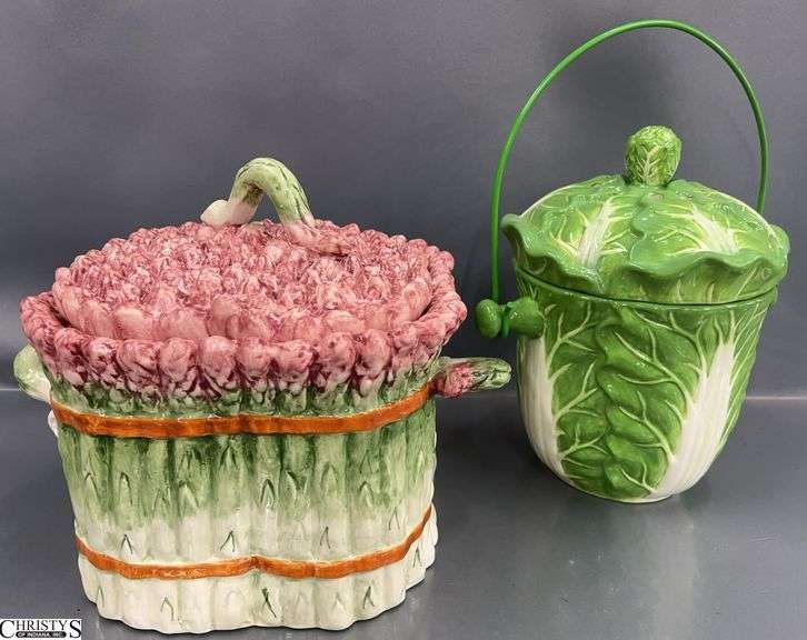 Sur La Table Ceramic Asparagus Lidded Container and Ceramic Lettuce Compost Bucket - 10" x 8.5" of largest image