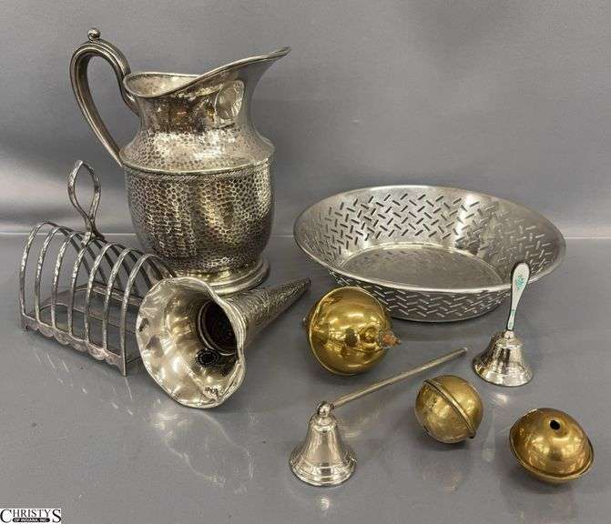 Silverplated and Brass Pieces, Continental Hammered Finish Water Pitcher Tallest 9" image