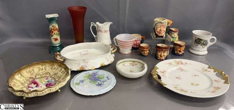 Porcelain and Ceramic Head Creamers, Tureen Dish, Plate, Footed Bowl, Misc - Nippon, Lefton, Limoges, and Others - 8" of tallest image
