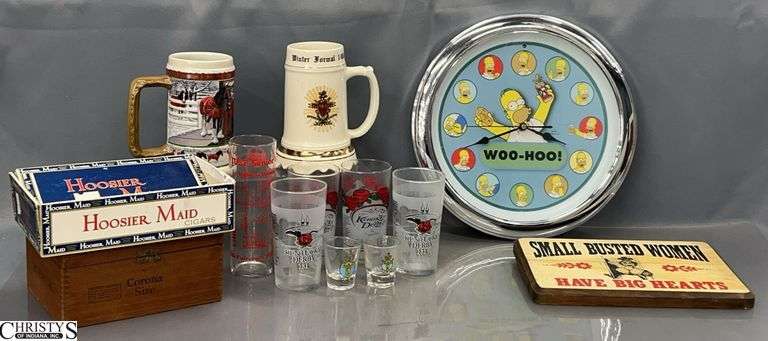 Kentucky Derby Glasses, Steins, Simpsons Clock, Cigar Boxes, Bar Sign - 13" D of clock image